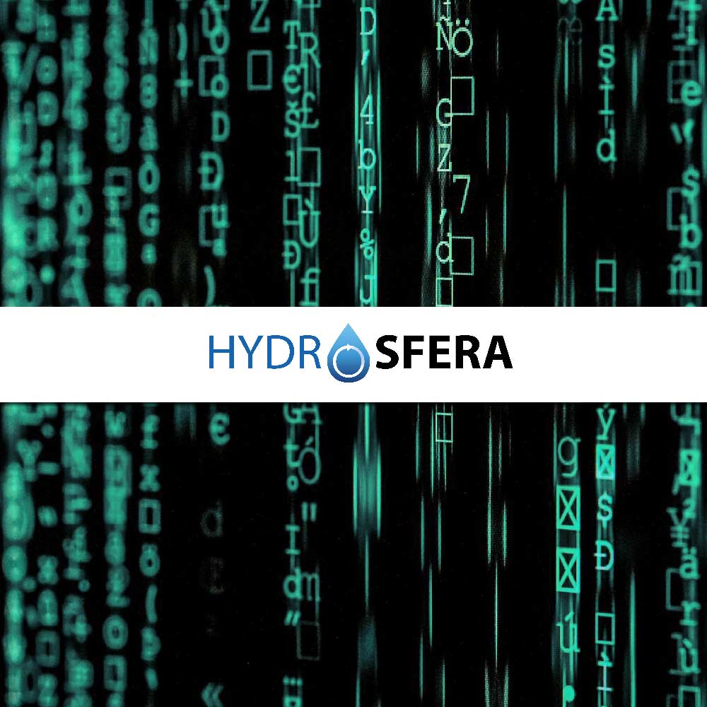 Grafika: logo Hydrosfery na tle cyfrowych znaków